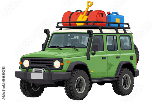 Green SUV with roof rack carrying adventure gear.