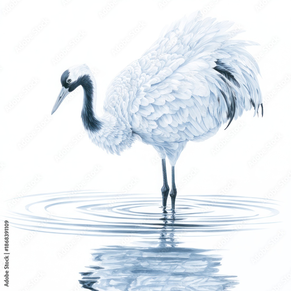 Obraz premium Elegant crane standing in shallow water against white background