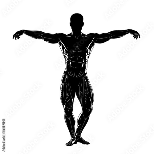 Silhouette of a Muscular Man Posing with Arms Outstretched.
