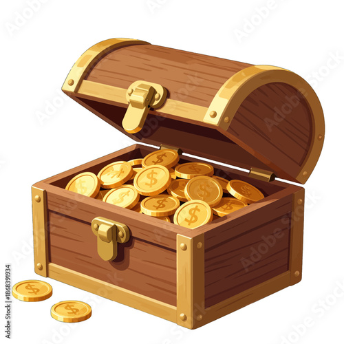 Open wooden treasure chest filled with gold coins