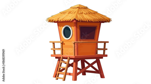 Orange lifeguard tower with straw roof and ladder