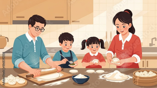Family Making Chinese Dumplings in Kitchen