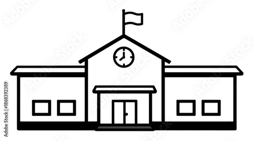 School building with clock and flag on top
