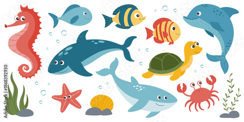 Cute Sea Animals Set. Cartoon Ocean Creatures Collection with Whale, Dolphin, Fish, Turtle, Crab, Seahorse and Starfish. Flat Vector Illustration for Kids