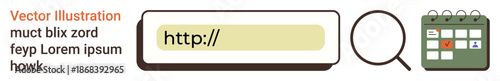 Digital tools, online research, scheduling, search engine concepts, business productivity, and time management. Web search bar, magnifying glass calendar. Online research and scheduling