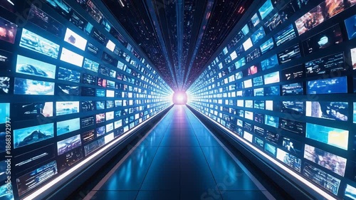 発光する映像が連なる通路がデータ社会の奥行きを表現する場面