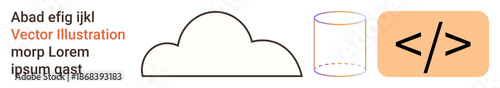 Cloud computing, data storage, coding, programming, software, technology. Visuals include cloud shape, cylindrical coding symbol on orange background. Cloud computing and data storage concept