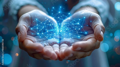 手のひらに集まる青い光が先進技術の可能性を示す