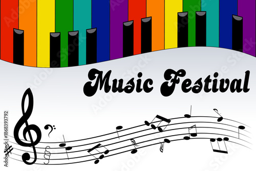 Beautiful music creates a good mood.Vector illustration with multi-colored keys and notes on a gradient background with text.