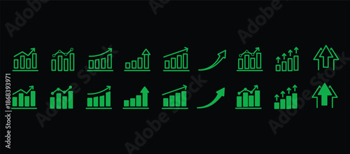 Growth icon set. Containing arrow up, growing graph, business chart icons. Vector illustration.