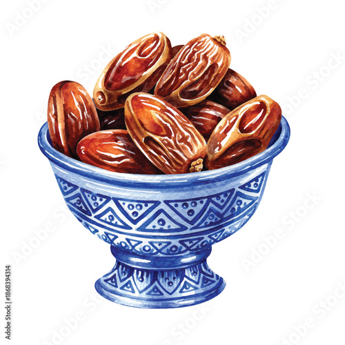 Watercolor illustration of sweet dates in ceramic bowl for Ramadan iftar on white