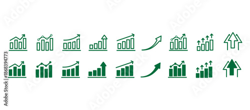 Growth icon set. Containing arrow up, growing graph, business chart icons. Vector illustration.