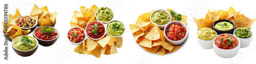 Chips and dip – A popular snack combo consisting of chips (like corn chips) and a variety of dips such as salsa or guacamole. Isolated on Clear White Background Highly Detailed