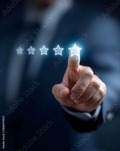 Customer service concept, Businessman hand choose 5 star rating for best satisfaction with client, review, satisfaction, evaluation, correct, rating