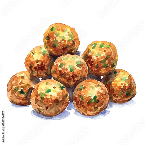 Crunchy falafel balls watercolor painting with herbs on plain white background