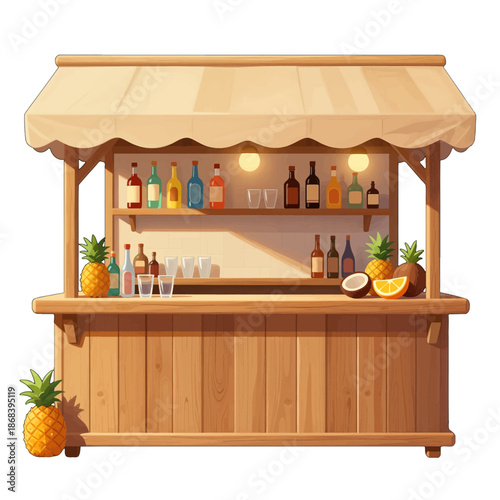 Wooden outdoor bar with tropical drinks and fruit
