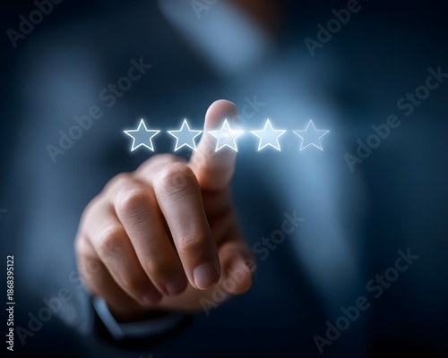 Customer service concept, Businessman hand choose 5 star rating for best satisfaction with satisfaction, client, survey, rating, evaluation, review