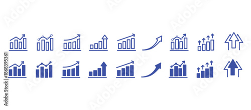 Growth icon set. Containing arrow up, growing graph, business chart icons. Vector illustration.