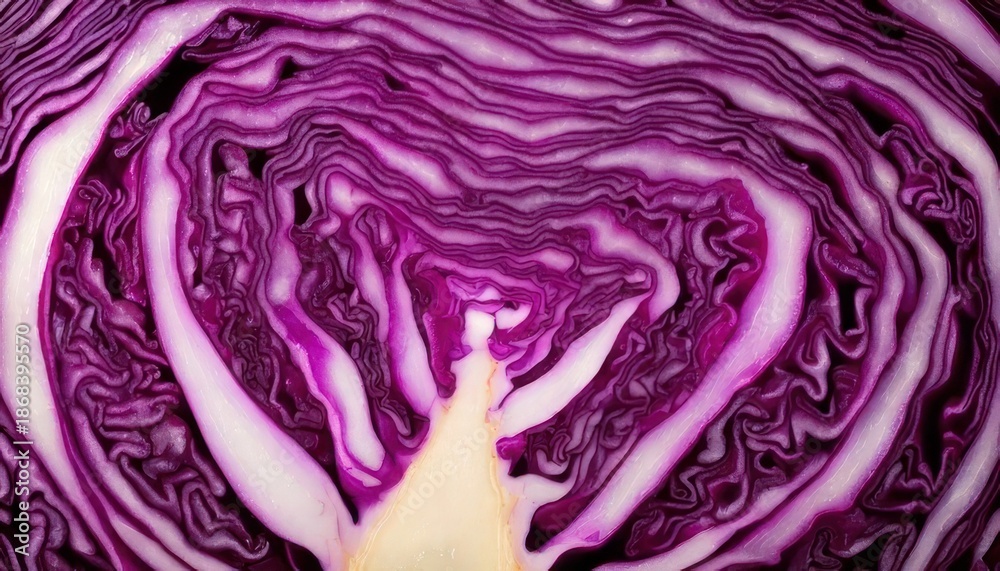 Obraz premium Cross-Section of Vibrant Red Cabbage - A Study in Texture and Color.