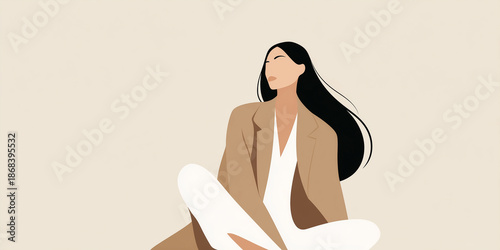 Minimalist woman with long black hair, beige coat and white pants sitting in a relaxed pose against a soft beige background.