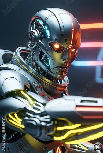 Wallpaper Mural Futuristic Robot Warrior in Action Posing with Glowing Neon Lights. Torontodigital.ca