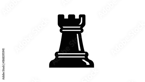 Isolated black chess rook piece against white background design element
