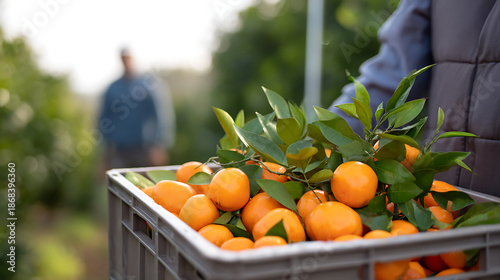 Freshly harvested tangerines with green leaves in a crate, picked by farmers at a citrus orchard on a sunny day.
