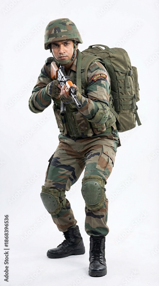 Fototapeta premium Soldier in camouflage gear holding rifle with intense focus