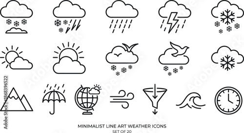 Minimalist Black Line Art Weather Icon Set for Forecast Apps Including Cloud Rain Snow Storm Wind Sun and Climate Design Elements