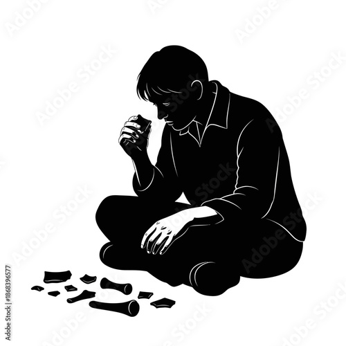 Man examining ancient artifacts, studying archaeological discoveries, historical research.