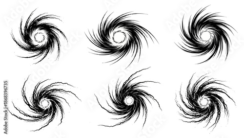 Abstract swirling vortex design elements in black and white against a clean backdrop
