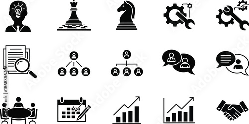 set of human resource organization management with gear setting icon set teamwork structure hierarchy leadership diagram employee network