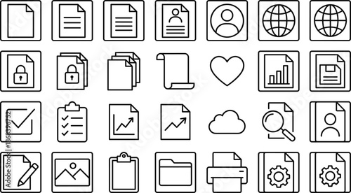 Set of vector black line icons featuring document file management data storage and office paperwork symbols isolated on white background