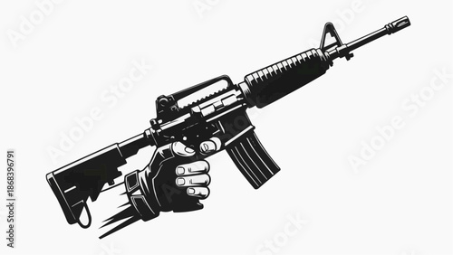 Hand holding a black rifle with a white background