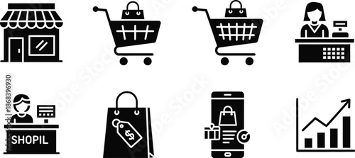 Shopping and e-commerce solid icon set, including cart, online security, delivery, store, tag, global internet, payment, and shopping bag icons, vector cartoon