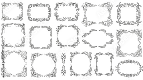 A collection of ornate frames and borders on a plain white background, showcasing various shapes and designs from different viewpoints
