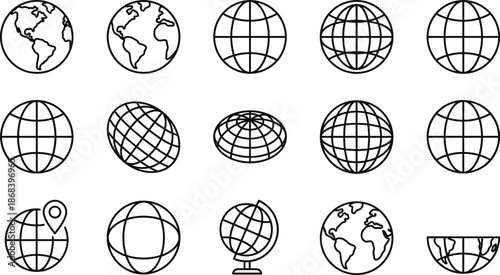 Set of vector black line icons featuring globes earth maps world geography and global communication symbols isolated on white background