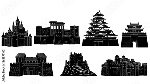 Black silhouette illustrations of ancient castles and fortresses on white backdrop