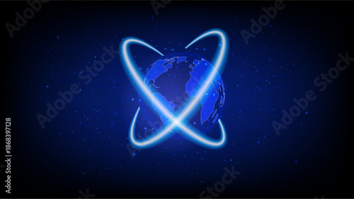 Abstract technology concept of Earth with luminous orbital rings, global connection and futuristic digital atmosphere