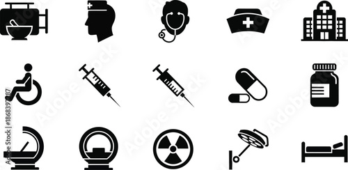 Medical Equipment Icons. Outline icon set of hospital monitoring devices: ECG machine, blood pressure cuff,