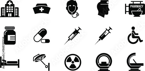 Medical Equipment Icons. Outline icon set of hospital monitoring devices: ECG machine, blood pressure cuff,
