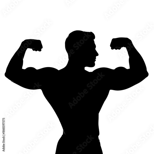 Silhouette of a muscular man flexing his biceps.