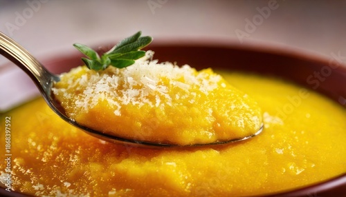 Creamy Pumpkin Soup with Parmesan and Fresh Herbs.