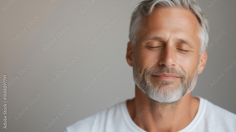 Fototapeta premium Mindful Middle-Aged Man Meditating, Close-Up Portrait on Soft Oat Background, Serene Wellness and Mindfulness Concept.