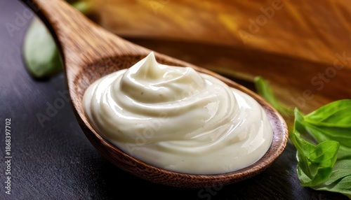 Creamy Mayonnaise Swirl on Wooden Spoon with Basil Leaves.
