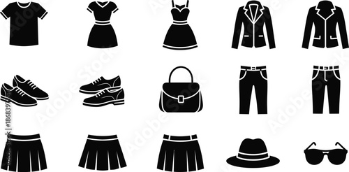 Simple silhouette clothing and apparel icon set for fashion