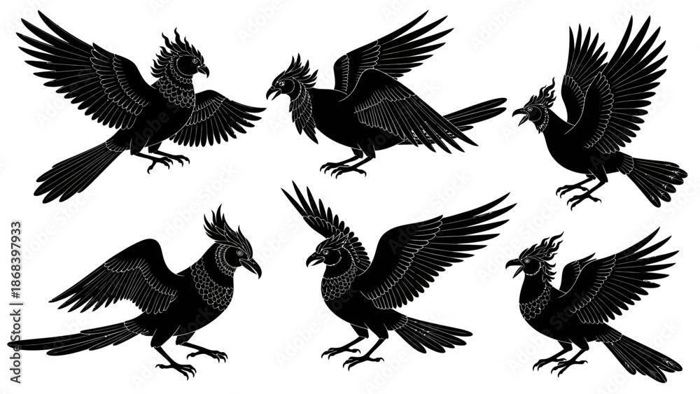 Obraz premium Stylized black bird illustrations in various poses on a white background