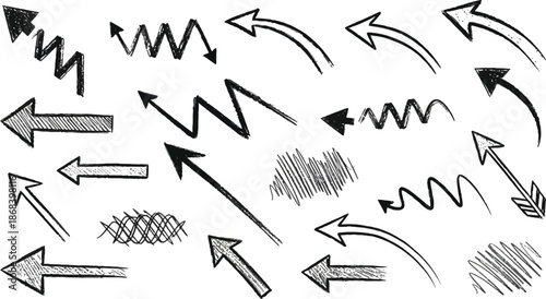 Brush, marker drawn bold arrows set. Collection of hand drawn doodle thick arrows in different directions.