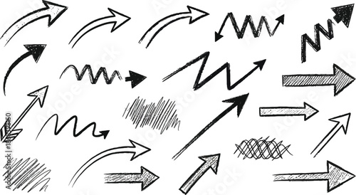 Brush, marker drawn bold arrows set. Collection of hand drawn doodle thick arrows in different directions.