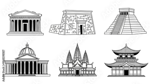 Architectural illustration set diverse historic buildings and structures